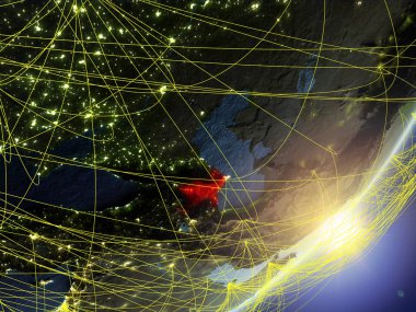 Azerbaycan modeli bir gündoğumu sırasında ağ ile dünya gezegeni. Yeni teknoloji, iletişim ve seyahat kavramı. 3D çizim. Nasa tarafından döşenmiş bu görüntü unsurları.