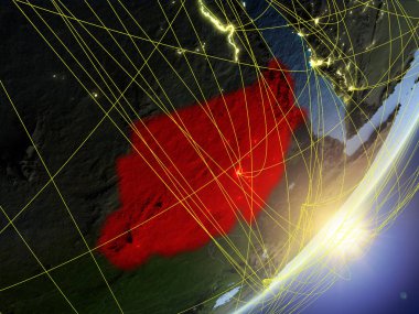 Sudan modeli bir gündoğumu sırasında ağ ile dünya gezegeni. Yeni teknoloji, iletişim ve seyahat kavramı. 3D çizim. Nasa tarafından döşenmiş bu görüntü unsurları.