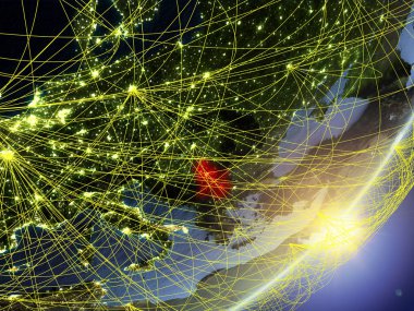 Sırbistan modeli bir gündoğumu sırasında ağ ile dünya gezegeni. Yeni teknoloji, iletişim ve seyahat kavramı. 3D çizim. Nasa tarafından döşenmiş bu görüntü unsurları.