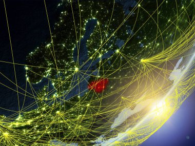 Litvanya modeli bir gündoğumu sırasında ağ ile dünya gezegeni. Yeni teknoloji, iletişim ve seyahat kavramı. 3D çizim. Nasa tarafından döşenmiş bu görüntü unsurları.