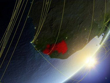 Gine modeli bir gündoğumu sırasında ağ ile dünya gezegeni. Yeni teknoloji, iletişim ve seyahat kavramı. 3D çizim. Nasa tarafından döşenmiş bu görüntü unsurları.