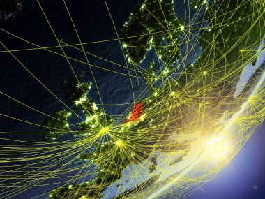 Hollanda modeli bir gündoğumu sırasında ağ ile dünya gezegeni. Yeni teknoloji, iletişim ve seyahat kavramı. 3D çizim. Nasa tarafından döşenmiş bu görüntü unsurları.