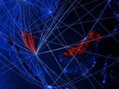 Malezya ağları ile mavi dijital harita üzerinde. Uluslararası seyahat, iletişim ve teknoloji kavramı. 3D çizim. Nasa tarafından döşenmiş bu görüntü unsurları.
