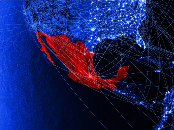 Mexico on blue digital map with networks. Concept of international travel, communication and technology. 3D illustration. Elements of this image furnished by NASA.