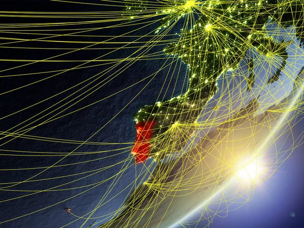 Portugal on model of planet Earth with network during sunrise. Concept of new technology, communication and travel. 3D illustration. Elements of this image furnished by NASA.