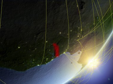 Togo modeli bir gündoğumu sırasında ağ ile dünya gezegeni. Yeni teknoloji, iletişim ve seyahat kavramı. 3D çizim. Nasa tarafından döşenmiş bu görüntü unsurları.