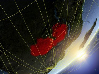 Zambiya modeli bir gündoğumu sırasında ağ ile dünya gezegeni. Yeni teknoloji, iletişim ve seyahat kavramı. 3D çizim. Nasa tarafından döşenmiş bu görüntü unsurları.