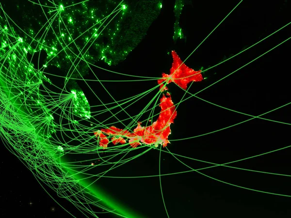 Japan on green planet Earth from space with network. Concept of international communication, technology and travel. 3D illustration. Elements of this image furnished by NASA.