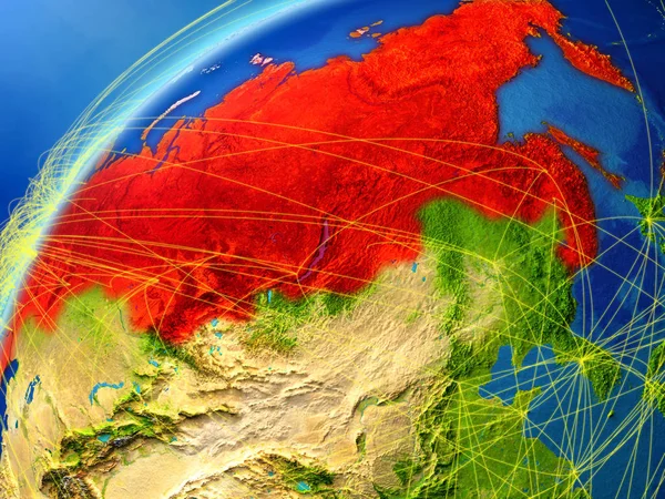 俄罗斯在地球模型与国际网络 数字通信和技术的概念 美国宇航局提供的这张图片的元素 — 图库照片