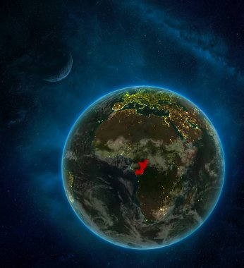 Kongo alan ay ve Samanyolu ile çevrili gece dünyanın uzaydan. Şehir ışıkları ve bulutlar detaylı gezegen. 3D çizim. Nasa tarafından döşenmiş bu görüntü unsurları.