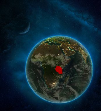 Tanzanya gece alan ay ve Samanyolu ile çevrili dünyanın uzaydan. Şehir ışıkları ve bulutlar detaylı gezegen. 3D çizim. Nasa tarafından döşenmiş bu görüntü unsurları.