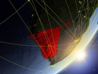 Namibya modeli bir gündoğumu sırasında ağ ile dünya gezegeni. Yeni teknoloji, iletişim ve seyahat kavramı. 3D çizim. Nasa tarafından döşenmiş bu görüntü unsurları.