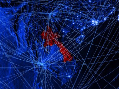 Laos ağları ile mavi dijital harita üzerinde. Uluslararası seyahat, iletişim ve teknoloji kavramı. 3D çizim. Nasa tarafından döşenmiş bu görüntü unsurları.