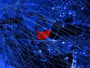 Bulgaristan ağları ile mavi dijital harita üzerinde. Uluslararası seyahat, iletişim ve teknoloji kavramı. 3D çizim. Nasa tarafından döşenmiş bu görüntü unsurları.