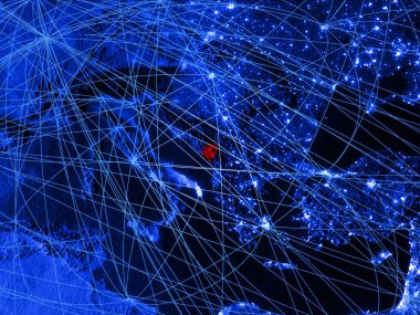 Karadağ ağları ile mavi dijital harita üzerinde. Uluslararası seyahat, iletişim ve teknoloji kavramı. 3D çizim. Nasa tarafından döşenmiş bu görüntü unsurları.