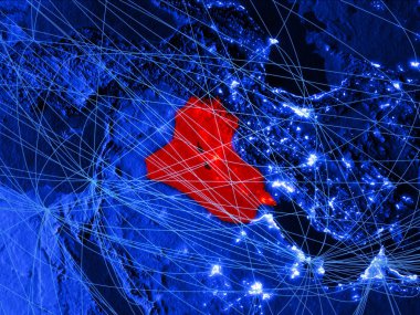 Irak ağları ile mavi dijital harita üzerinde. Uluslararası seyahat, iletişim ve teknoloji kavramı. 3D çizim. Nasa tarafından döşenmiş bu görüntü unsurları.