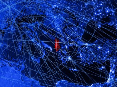 Arnavutluk ağları ile mavi dijital harita üzerinde. Uluslararası seyahat, iletişim ve teknoloji kavramı. 3D çizim. Nasa tarafından döşenmiş bu görüntü unsurları.