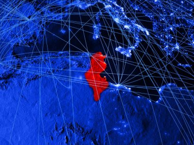 Tunus ağları ile mavi dijital harita üzerinde. Uluslararası seyahat, iletişim ve teknoloji kavramı. 3D çizim. Nasa tarafından döşenmiş bu görüntü unsurları.