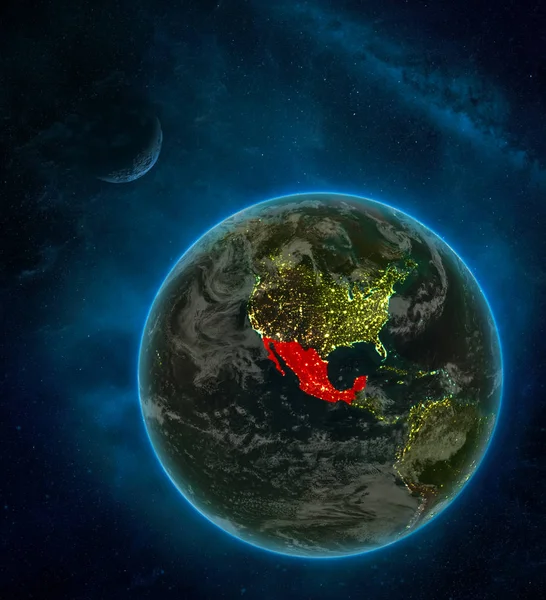 Mexico from space on Earth at night surrounded by space with Moon and Milky Way. Detailed planet with city lights and clouds. 3D illustration. Elements of this image furnished by NASA.