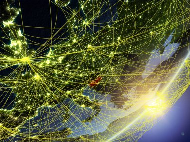 Slovenya modeli bir gündoğumu sırasında ağ ile dünya gezegeni. Yeni teknoloji, iletişim ve seyahat kavramı. 3D çizim. Nasa tarafından döşenmiş bu görüntü unsurları.