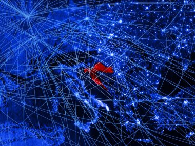 Hırvatistan ağları ile mavi dijital harita üzerinde. Uluslararası seyahat, iletişim ve teknoloji kavramı. 3D çizim. Nasa tarafından döşenmiş bu görüntü unsurları.