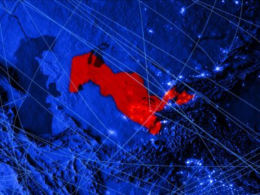 Özbekistan ağları ile mavi dijital harita üzerinde. Uluslararası seyahat, iletişim ve teknoloji kavramı. 3D çizim. Nasa tarafından döşenmiş bu görüntü unsurları.
