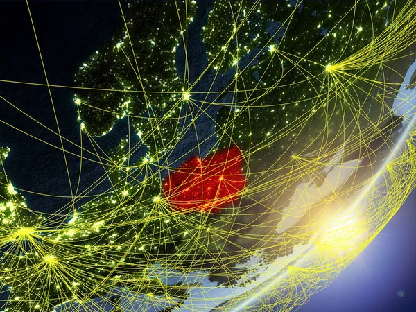 Polonya modeli bir gündoğumu sırasında ağ ile dünya gezegeni. Yeni teknoloji, iletişim ve seyahat kavramı. 3D çizim. Nasa tarafından döşenmiş bu görüntü unsurları.
