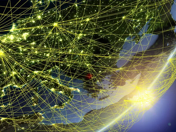 Косово Моделі Планети Земля Мережі Сходом Сонця Концепція Нової Технології — стокове фото