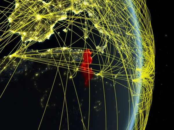 Tunesien Der Nacht Auf Dem Planeten Erde Mit Netzwerk Konzept — Stockfoto