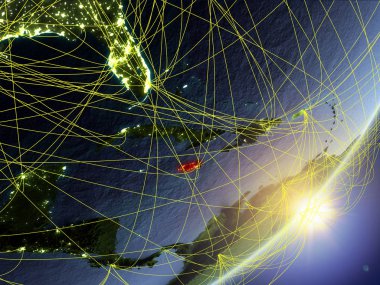 Jamaika modeli bir gündoğumu sırasında ağ ile dünya gezegeni. Yeni teknoloji, iletişim ve seyahat kavramı. 3D çizim. Nasa tarafından döşenmiş bu görüntü unsurları.