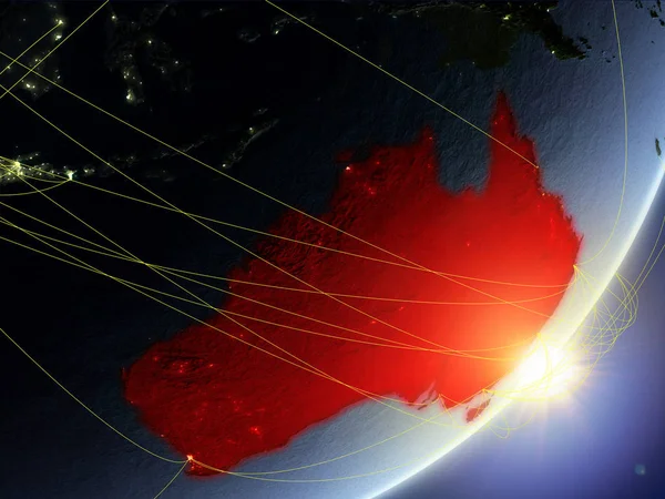 Australia on model of planet Earth with network during sunrise. Concept of new technology, communication and travel. 3D illustration. Elements of this image furnished by NASA.