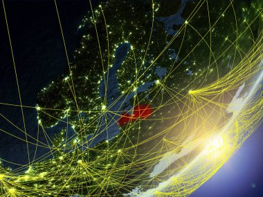 Letonya modeli bir gündoğumu sırasında ağ ile dünya gezegeni. Yeni teknoloji, iletişim ve seyahat kavramı. 3D çizim. Nasa tarafından döşenmiş bu görüntü unsurları.