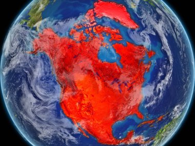 Kuzey Amerika'da çok detaylı gezegenin yüzey ve bulutlar Dünya gezegeninin gerçekçi bir model. Kıta kırmızı renkte vurgulanır. 3D çizim. Nasa tarafından döşenmiş bu görüntü unsurları.