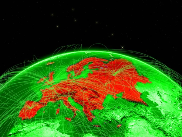 インター コンチネンタル航空交通を表すネットワークまたは通信ネットワークと空間で緑の地球のヨーロッパ イラスト Nasa から提供されたこのイメージの要素 — ストック写真