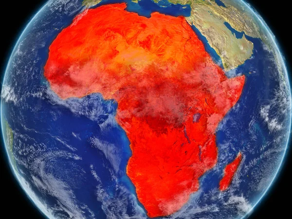 Africa on realistic model of planet Earth with very detailed planet surface and clouds. Continent highlighted in red colour. 3D illustration. Elements of this image furnished by NASA.