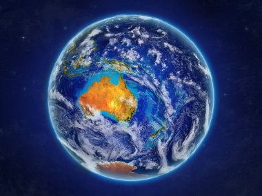 Avustralya gerçekçi modeli bir ülke sınırları ve detaylı gezegenin yüzey ve bulutlar Dünya gezegeni uzaydan. 3D çizim. Nasa tarafından döşenmiş bu görüntü unsurları.