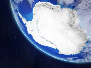Antarktika gezegeni uzaydan. Çok ince ayrıntı gezegenin yüzey ve bulutlar. 3D çizim. Nasa tarafından döşenmiş bu görüntü unsurları.