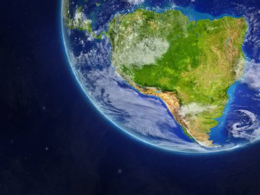 Güney Amerika gezegeni uzaydan. Çok ince ayrıntı gezegenin yüzey ve bulutlar. 3D çizim. Nasa tarafından döşenmiş bu görüntü unsurları.