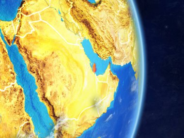 Gezegen Planet Earth ülke sınırları ile Katar. Son derece ayrıntılı gezegenin yüzeyi ve bulutlar. 3D çizim. Nasa tarafından döşenmiş bu görüntü unsurları.