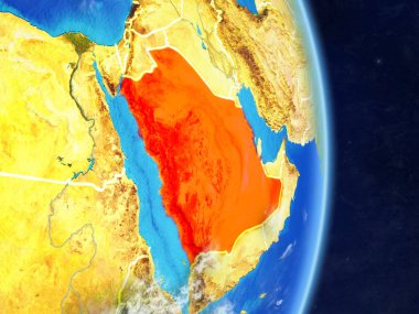 Gezegen Planet Earth ülke sınırları ile Suudi Arabistan. Son derece ayrıntılı gezegenin yüzeyi ve bulutlar. 3D çizim. Nasa tarafından döşenmiş bu görüntü unsurları.