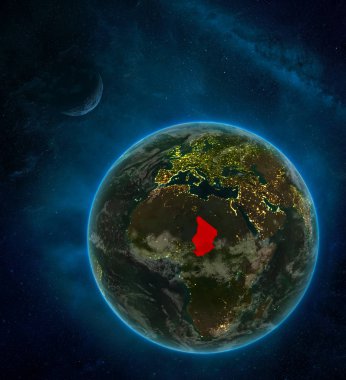 Chad alan ay ve Samanyolu ile çevrili gece dünyanın uzaydan. Şehir ışıkları ve bulutlar detaylı gezegen. 3D çizim. Nasa tarafından döşenmiş bu görüntü unsurları.