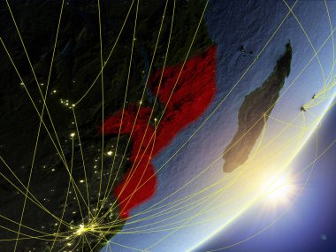 Mozambik modeli bir gündoğumu sırasında ağ ile dünya gezegeni. Yeni teknoloji, iletişim ve seyahat kavramı. 3D çizim. Nasa tarafından döşenmiş bu görüntü unsurları.