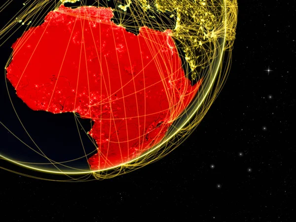 ネットワークが付いている暗い地球のアフリカ 接続の概念 航空交通 インターネットまたは通信があります イラスト Nasa から提供されたこのイメージの要素 — ストック写真