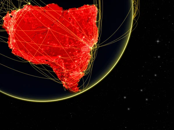 ネットワークが付いている暗い地球の南米 接続の概念 航空交通 インターネットまたは通信があります イラスト Nasa から提供されたこのイメージの要素 — ストック写真