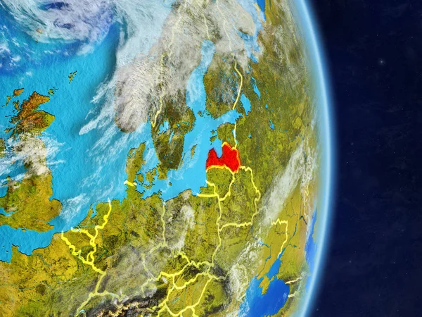 Latvia on planet planet Earth with country borders. Extremely detailed planet surface and clouds. 3D illustration. Elements of this image furnished by NASA.