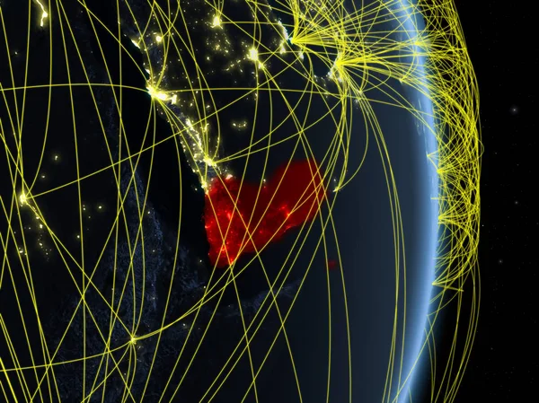 Jemen Nacht Planeetaarde Met Netwerk Concept Van Connectiviteit Reizen Communicatie — Stockfoto