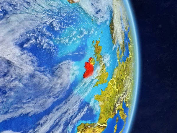 Ireland on planet planet Earth with country borders. Extremely detailed planet surface and clouds. 3D illustration. Elements of this image furnished by NASA.