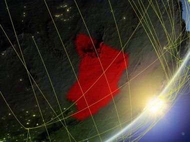 Chad modeli bir gündoğumu sırasında ağ ile dünya gezegeni. Yeni teknoloji, iletişim ve seyahat kavramı. 3D çizim. Nasa tarafından döşenmiş bu görüntü unsurları.