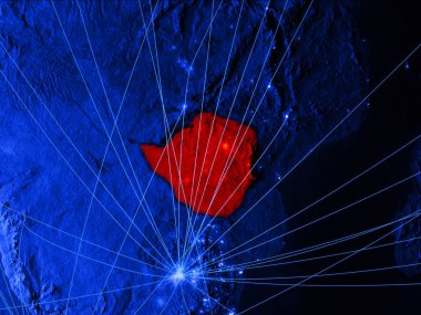 Zimbabve ağları ile mavi dijital harita üzerinde. Uluslararası seyahat, iletişim ve teknoloji kavramı. 3D çizim. Nasa tarafından döşenmiş bu görüntü unsurları.