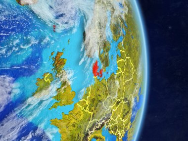 Danimarka gezegen Planet Earth ülke sınırları ile. Son derece ayrıntılı gezegenin yüzeyi ve bulutlar. 3D çizim. Nasa tarafından döşenmiş bu görüntü unsurları.